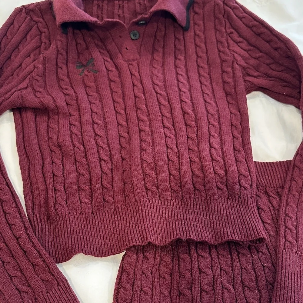 Elegant Burgundy Cable Knit Skirt Set